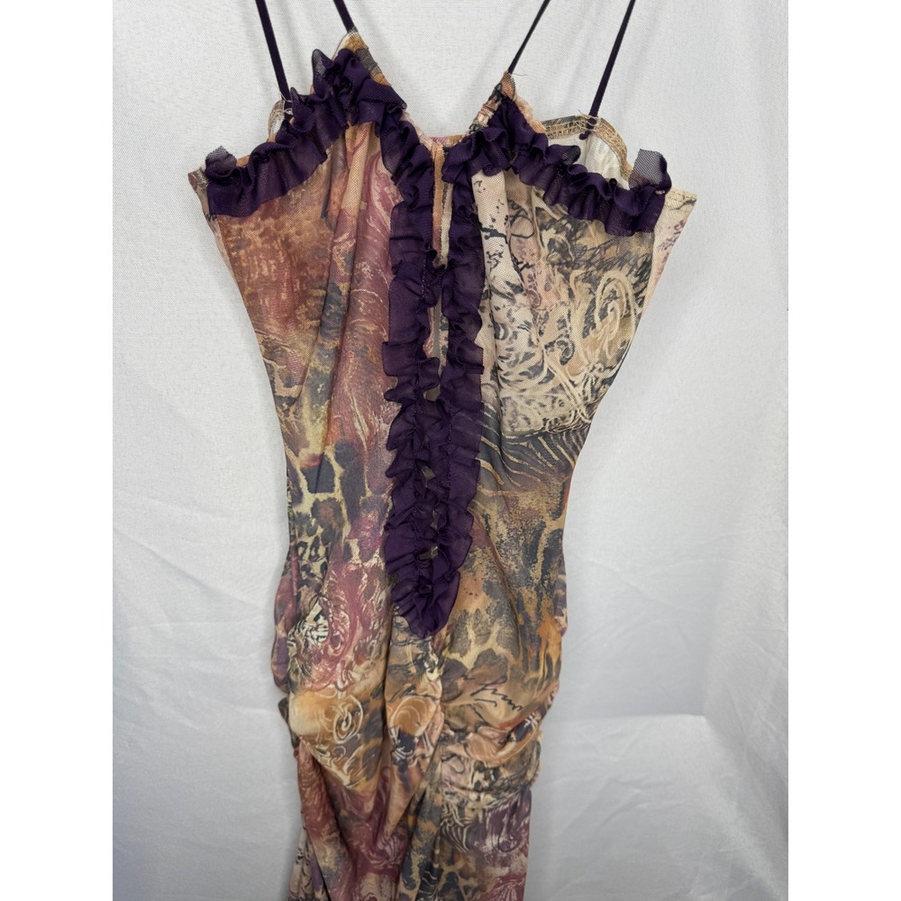 Vintage Mesh Maxi Dress Leopard Floral Script Print Ruffle Trim Bodycon Brown - Picture 2 of 13